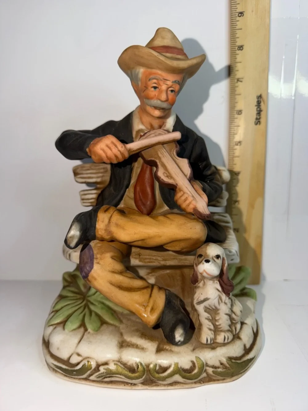 Vintage Porcelain Old Man Playing Fiddle Figurine with Dog on Bench - Picture 2 of 9